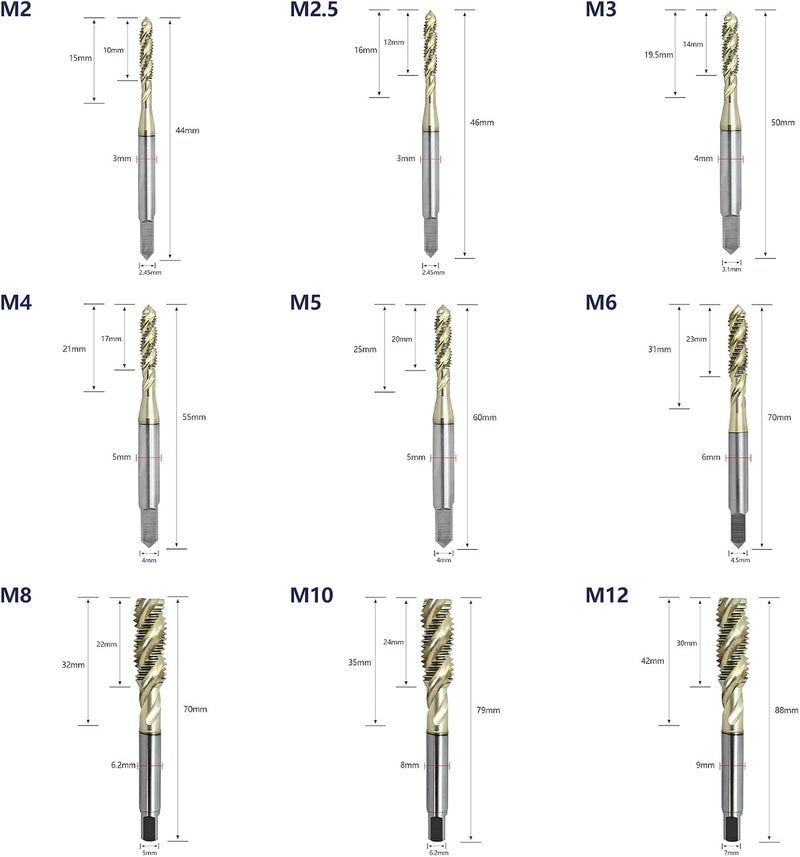 WEXWE Tools ZrN Coating Spiral Flute Taps 3 Flutes HssCo Taps for Steel, Machine Screw Tap Set,M2 M2.5 M3 M4 M5 M6 M8 M10 M12 Thread Tapping Tool 9cps - Image 2